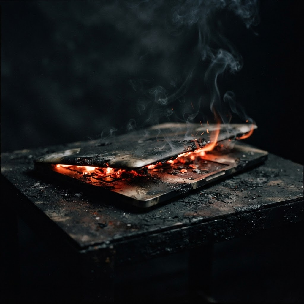 A closed laptop glowing with embers against a black background